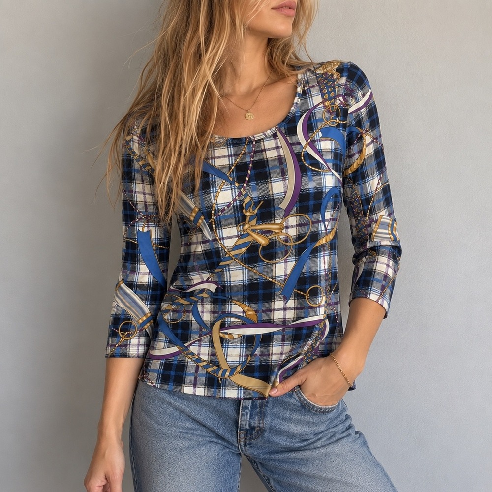 J. McLaughlin Blue Plaid Top Equestrian Chain Print Large Preppy Old Money